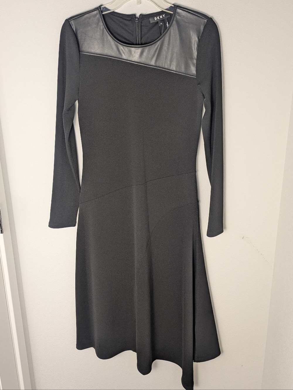 DKNY Black Faux Leather Accent Long Sleeve A-Line Midi Dress Size XS New